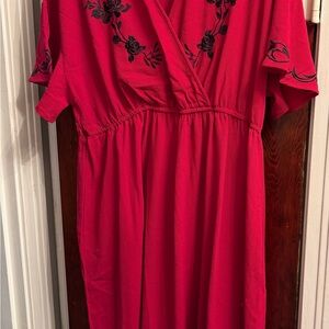 SHEIN Red Midi Dress with Black Floral Embroidery